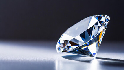 A diamond is displayed on a pure white surface, copyspace on a side