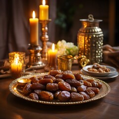 gold plate filled with dry dates on a wooden table, surrounded by candles that create a golden ambiance