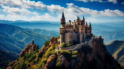 Enchanting fairy tale castle on lush hilltop with towering turrets and cloudy sky - obrazy, fototapety, plakaty