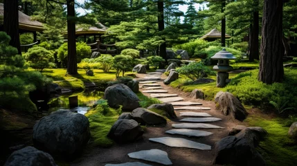 Fotobehang Japanese garden with bonsai trees, koi ponds, stone pathways for a serene ambiance. © Philipp