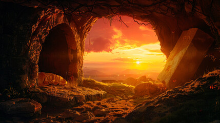 Resurrection Morning: The Empty Tomb of Christ at Sunrise, Symbolizing Easter's Promise