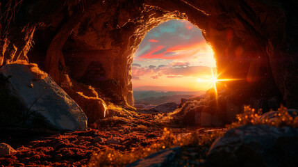 Resurrection Morning: The Empty Tomb of Christ at Sunrise, Symbolizing Easter's Promise