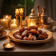 gold plate filled with dry dates on a wooden table, surrounded by candles that create a golden ambiance