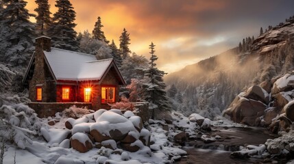 Snow covered mountain cabin with smoking chimney and warm glowing windows in a serene winter setting