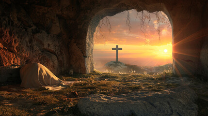 Resurrection Morning: The Empty Tomb of Christ at Sunrise, Symbolizing Easter's Promise - obrazy, fototapety, plakaty