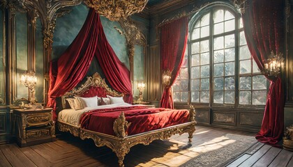 Ornate bed with red canopy and sheets in a cozy, dimly lit room with antique charm, Ai Generate 