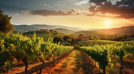 Sunlit tuscan vineyard with grapevines, hills, and olive groves bathed in golden light.