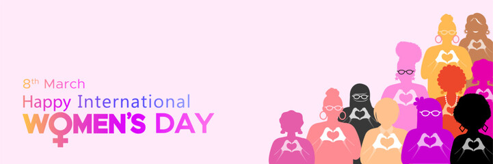 Banner of womens day with March 8, Happy international women's day text.