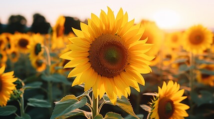 Vivid sunflower field under the sun s gaze, golden blooms reaching the horizon in a mesmerizing view