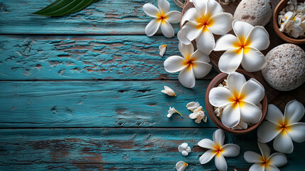 Spa concept with stone and flowers, blue wooden background
