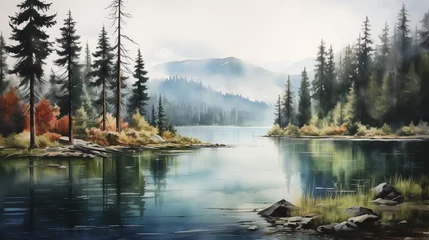 Papier Peint photo Forêt dans le brouillard Under a soft, misty mountain backdrop, the calm waters of a mountain lake mirror the encompassing forest, creating a tranquil scene. Watercolor painting illustration.