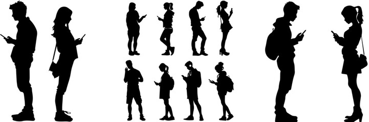 Portrait of happy smiling young woman with smartphone wearing black coat, round hat, sunglasses isolated on white background,black and white