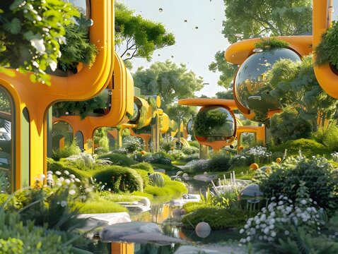 Futuristic Utopia with Colorful Pods and Plants