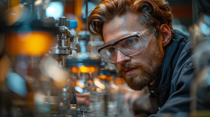 A dedicated male scientist with glasses closely examines Focused Scientist Analyzing Samples in Research Lab