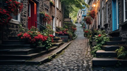 Fototapeta na wymiar Enchanting countryside village with colorful flower baskets and cobblestone streets