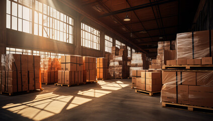 Conveyor belt full of boxes, parcels inside of a warehouse distribution center, Supply Chain in Motion: Boxes on a conveyor belt inside a well-illuminated warehouse setting. Online shopping delivery.