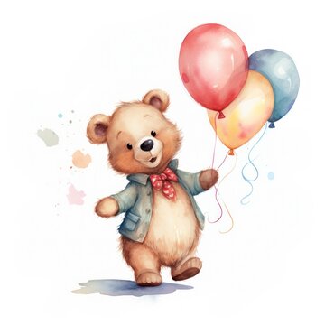 Teddy bear and happy birthday balloons. Boy Teddy Bear Hanging from a Balloons