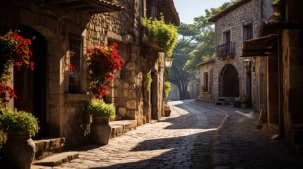 Fototapeta na wymiar Charming countryside village with colorful flower baskets, cottages, and cobblestone streets