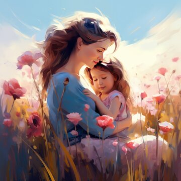 Mother and daughter. Hugs. Family Love and Countryside Landscape. Nature Flower Field. Beautiful child girl with young mother. Happy Mother's day digital painting