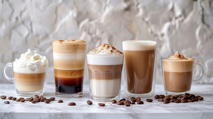 front view of different coffee drinks on a marble background (3)