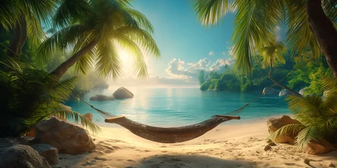 Foto op Canvas A heavenly tropical island with palm trees and a hammock © Dada635