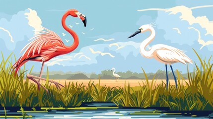 Flamingos in the water surrounded by beautiful scenery