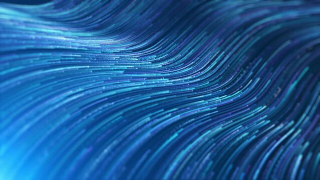 Blue particle light stripes, elegant lines flow. Blue stream with striped, flowing neon curve lines background.