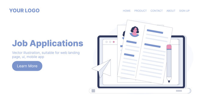 Job Applications. Web Landing Page Design. Flat Cartoon Vector Illustration. Vector illustration, suitable for web landing page, ui, mobile app.