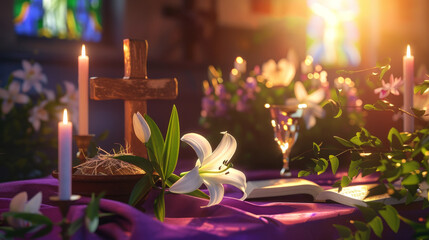 Easter Celebration in a Chapel with a Crucifix, Lit Candles, and Lilies Signifying Renewal and Worship - obrazy, fototapety, plakaty