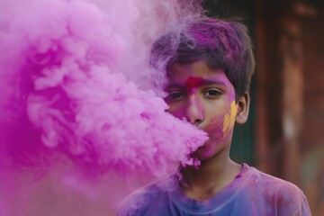 Fototapeta premium The joy of celebrating Holi - A boy drenched in colorful smoke. Fictional Character Created By Generated By Generated AI.