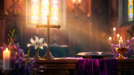 Easter Celebration in a Chapel with a Crucifix, Lit Candles, and Lilies Signifying Renewal and Worship - obrazy, fototapety, plakaty