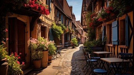A charming european village with cobblestone streets and cozy sidewalk cafes in full swing