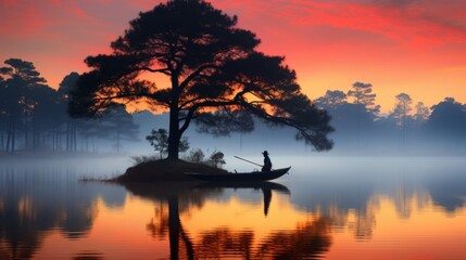 Tranquil misty lake at dawn with solitary boat silhouette on glassy water surface