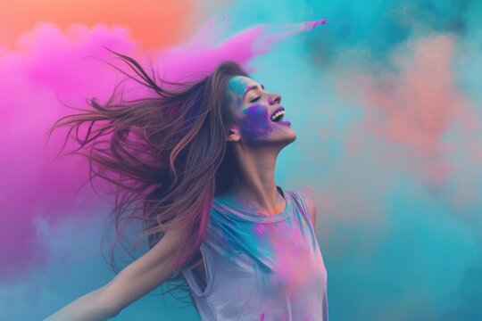 Colorful girl with wild hair, laughing and enjoying a fun time at the beach.. Fictional Character Created By Generated By Generated AI.