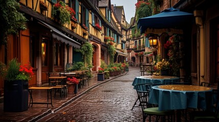 Fototapeta premium European village with cobblestone streets, half timbered buildings, and lively sidewalk cafes