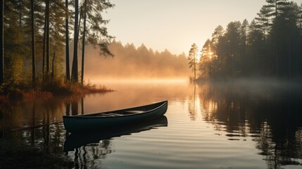 Serene misty lake at dawn with solitary boat silhouette drifting on glassy water surface