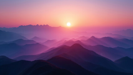 A sunrise over a tranquil mountain range