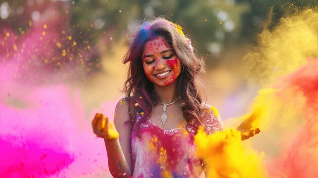 Colorful woman enjoying a fun, messy paint fight!. Fictional Character Created By Generated By Generated AI.
