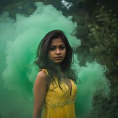 Fototapeta premium A woman in a yellow dress standing in a forest, surrounded by a misty, green-colored environment. Fictional Character Created By Generated By Generated AI.