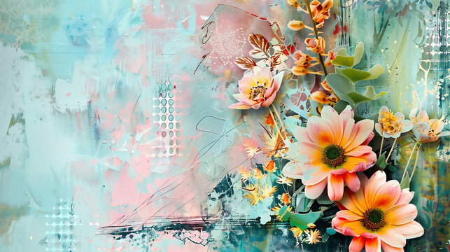 Background with flowers in pink and blue tones. Spring flowers. Place for text