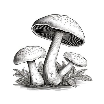 Mushroom Sketch, Engraving Champignons, Hand Drawn Sketched Mushrooms Isolated on white