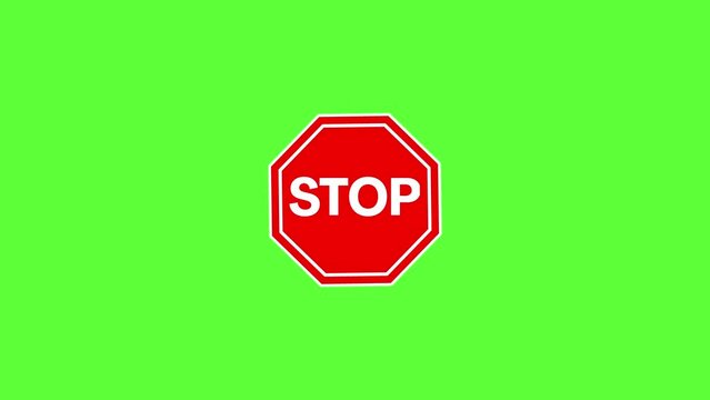 4K motion graphics animation of stop sign on chroma key green screen background.