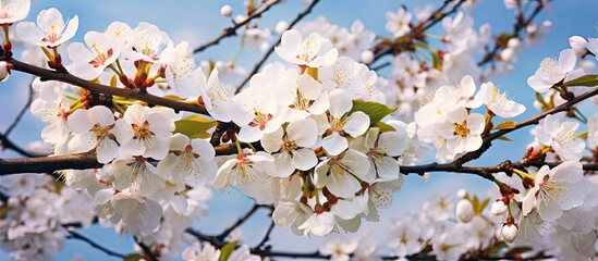 Fototapeta premium A branch of a blooming plum tree with delicate white flowers in full bloom during the spring season, showcasing natures beauty and renewal.