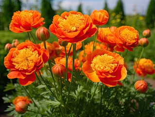 Naklejka premium Orange Globe Flowers or Trollius Europaeus on Natural Background, Orange Globe Flowers Field