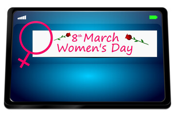Tablet computer with International Women's Day Banner - 8 March - 3D illustration - 747075580