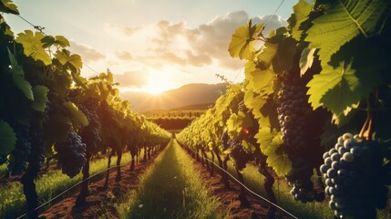 Sunlit vineyard with rows of grapevines stretching into the distance, promising rich wine flavors - obrazy, fototapety, plakaty