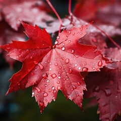 A Red maple leaves on a humid morning. Natural light. Close-up.