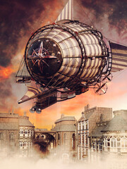 Fantasy scene with a steampunk zeppelin flying over a city at sunset.  Made from 3d elements and painted parts. No AI used.  - 747076117