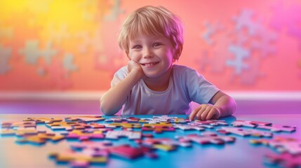little boy doing a jigsaw puzzle Develop problem-solving intelligence, A child connects jigsaw puzzle pieces on a living room table. Kid assembling a jigsaw puzzle. Fun family leisure.