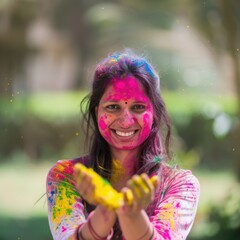 Colorful Woman Celebrating Holi Festival. Fictional Character Created By Generated By Generated AI.